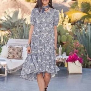 Sundance Navy Blue Cream My Matilda Floral Tiered Dress Small Short Sleeve Flowy